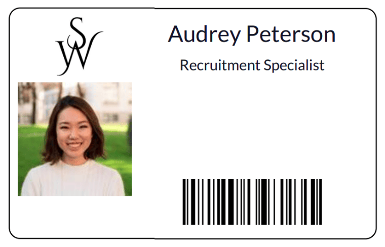 A badge for an employee that is created from the Employees app.