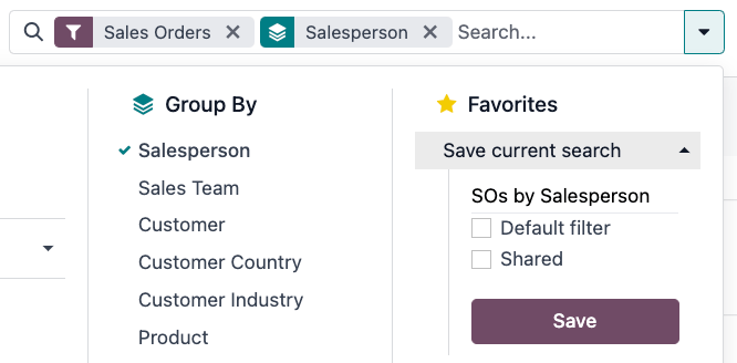 Saving a favorite search on the Sales Analysis report.