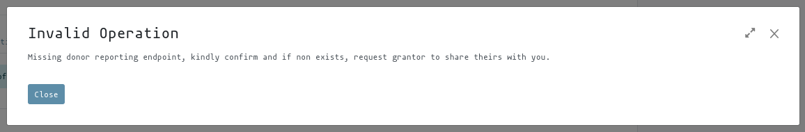 User warning in the event of missing entries e.g API Key or Donor reporting endpoint (provided by Donor)