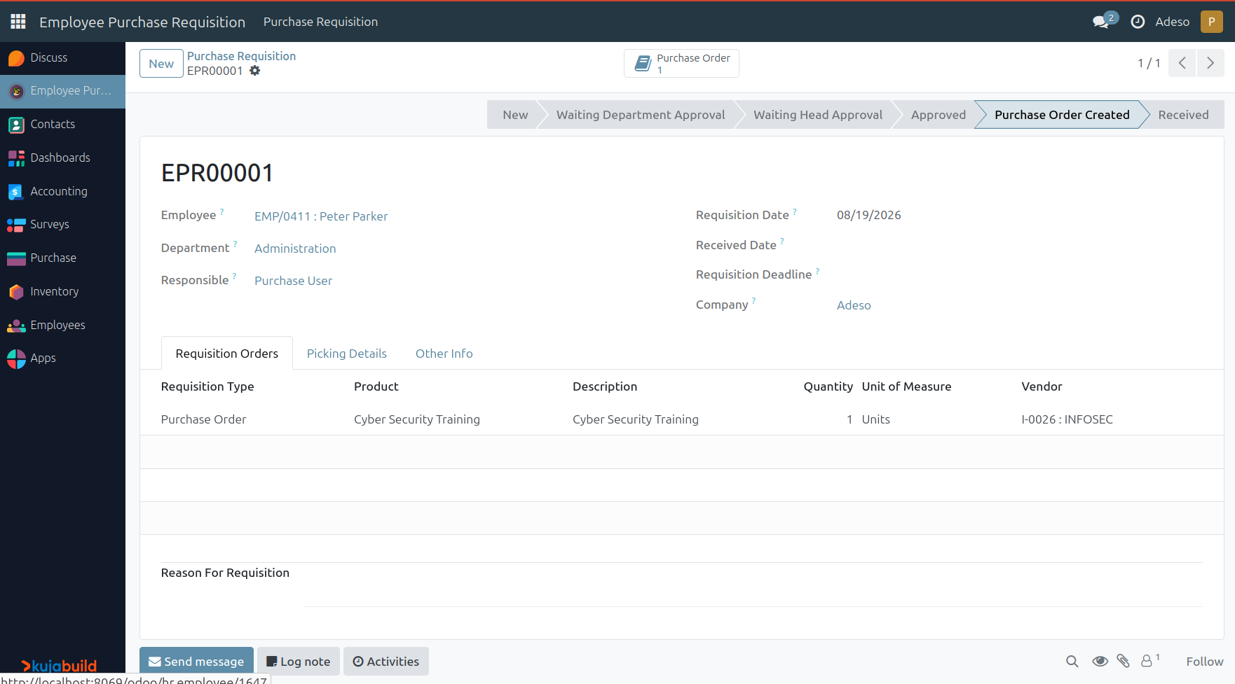 Employee Purchase Requisition after purchase order created.
