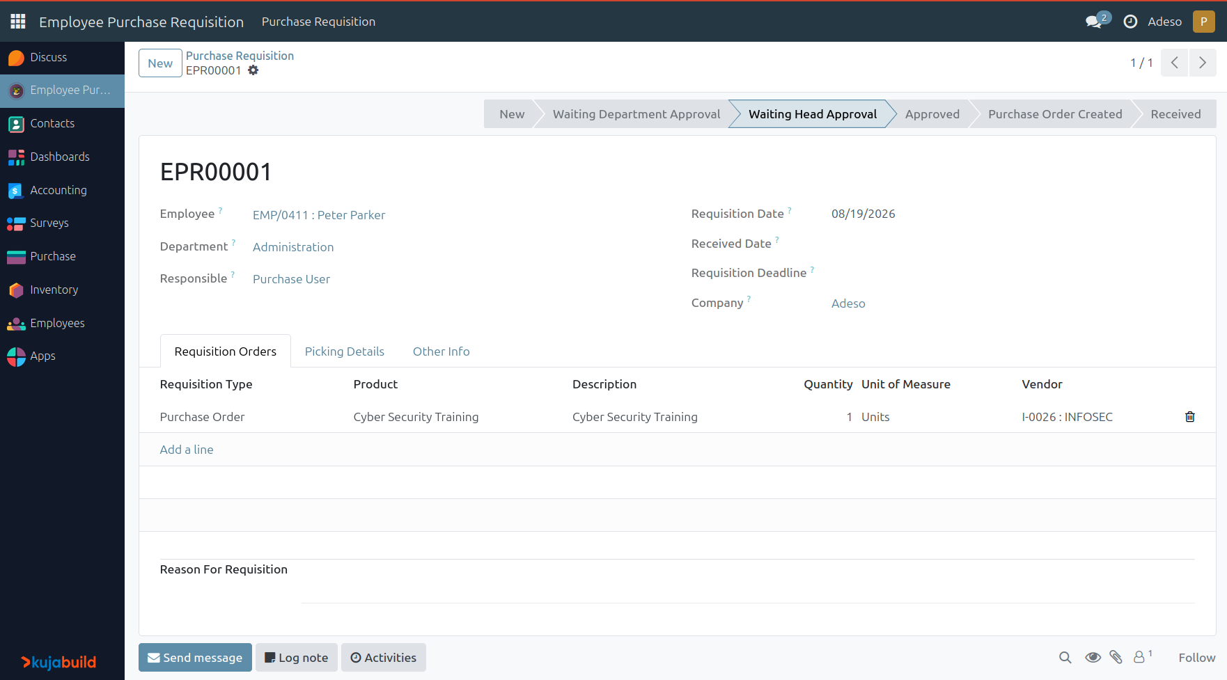 Employee Purchase Requisition waiting Requisition Manager approval.