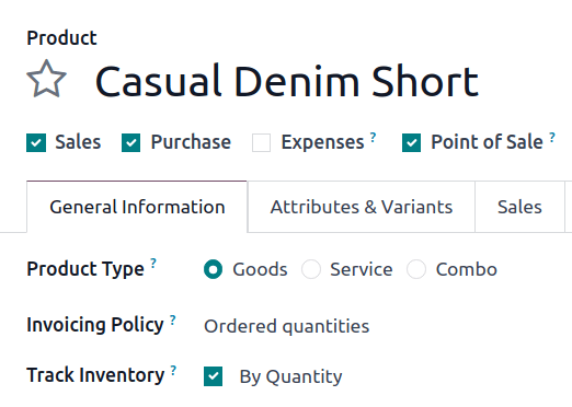 Product Type and Track Inventory configurations.
