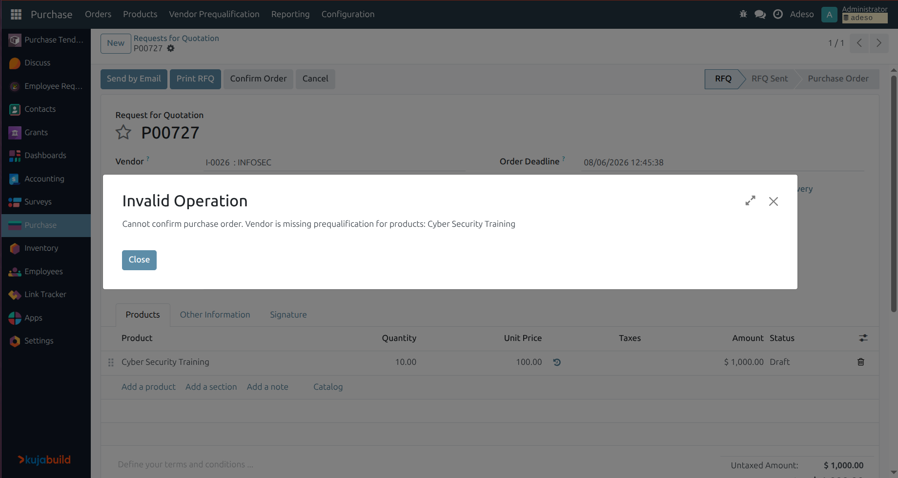 Purchase order confirmation blocked due to missing prequalification.