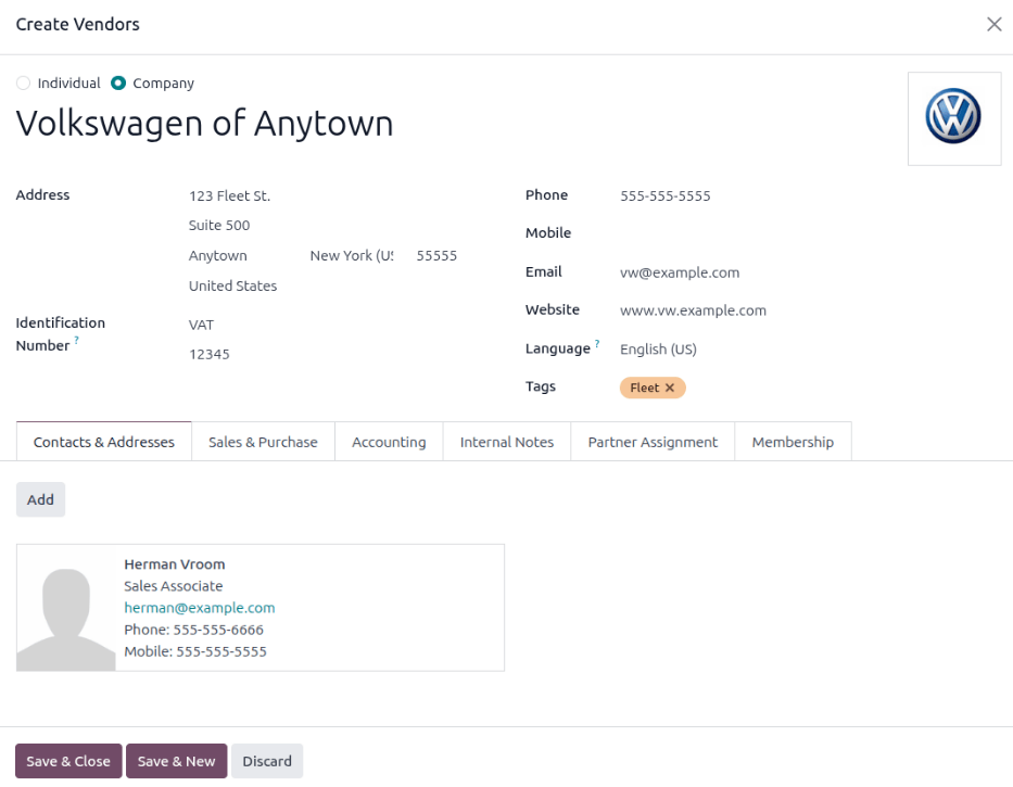 Vendor form to fill out when adding a new vendor.