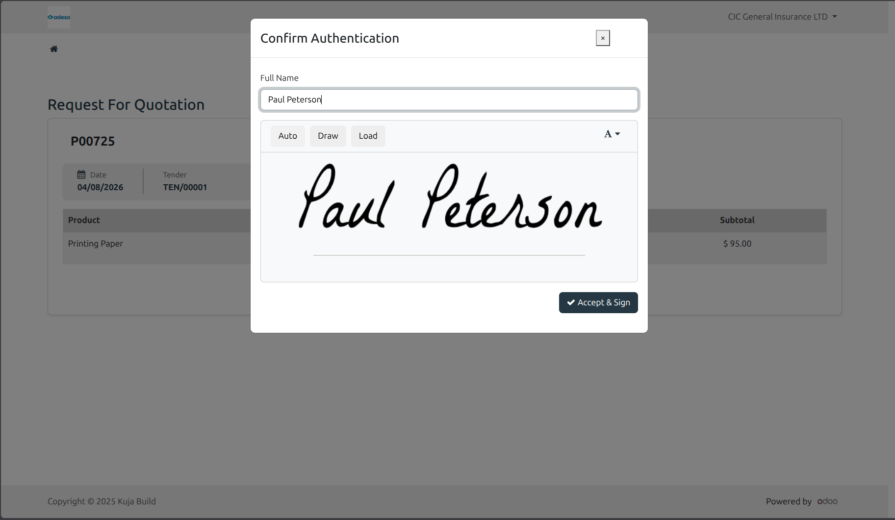 Vendor Portal View - Sign Tender.
